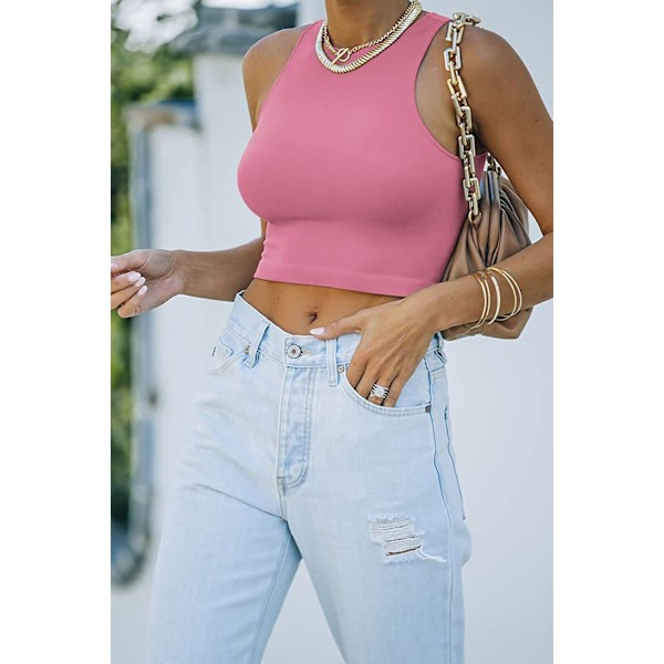 Kvinde Sexet Ærmeløs Racerback Tank Top Halterneck Crop Top --- Pink（Størrelse L）