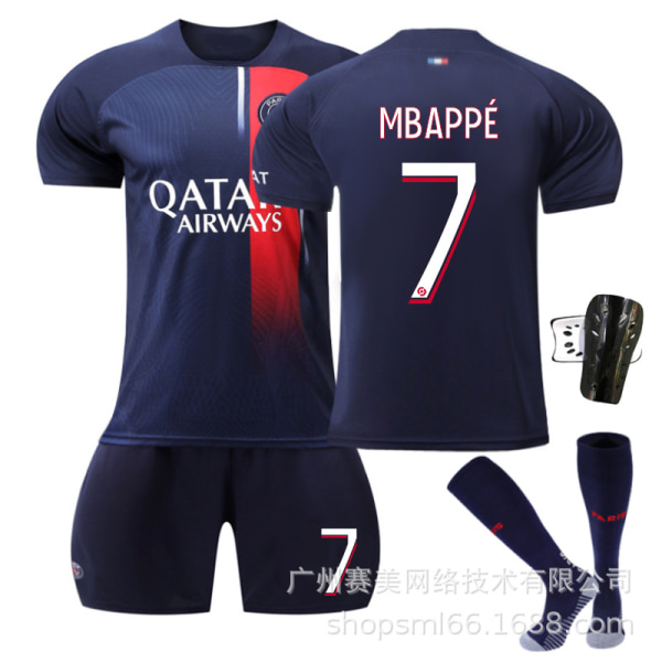 23-24 Paris Hjemme Barn Fotballdrakt Sett med Sokker og Beskyttere-Nr.7 MBAPPE#30(=XS） No.7 MBAPPE #30(=XS）