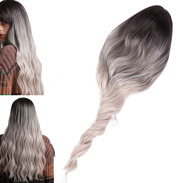 lc202‑2 Svart Gradient Beige Lång Vågig Peruk Kvinnor Långt Hår Peruker Falskt Hår 65cm