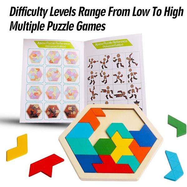 Skrtuan Trä Hexagon Pussel för Barn Vuxna Hjärnteaser Block Pusselspel Leksak Form Mönster Block Tangram Geometri Logik IQ ST