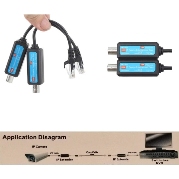 IP Passiv Extender Ethernet över koaxial 1-CH, IP-nätverk till koaxial sändare IP-nätverkskonverter Passar CCTV-kamera UTP RG59/ RJ45 4-trådig 1236-kabel