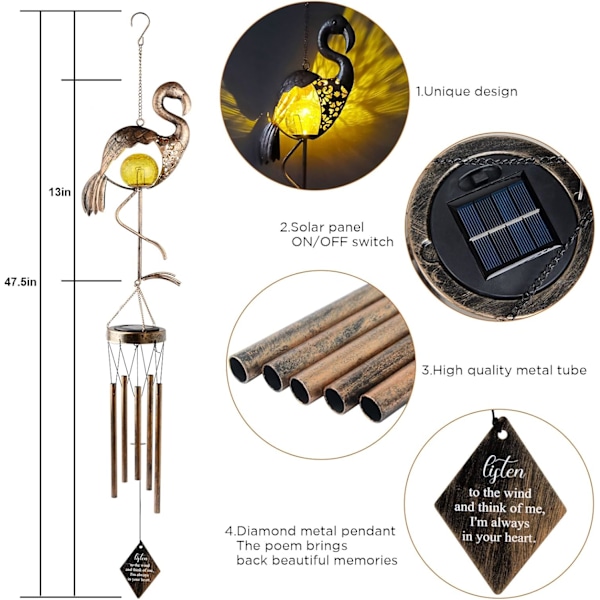 Flamingo Vindklokker Utendørs med Solcellelys Knatre Glass Dyp Tone Flamingo Vindklokker Unike Flamingo Gaver til Kvinner Morgave flamingo