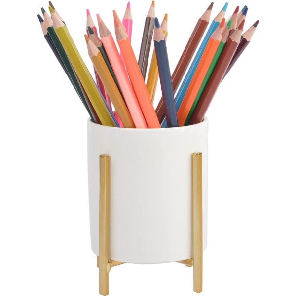 Pennkopp i guld med robust metallram, vit keramisk pennhållare för skrivbord, hållare för köksmaskiner, (L)