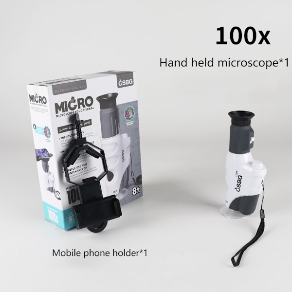 100X Bärbar Mikroskop Barn Gåva Fickmikroskop Elektrisk Mini Mikroskop med Mobiltelefonhållare
