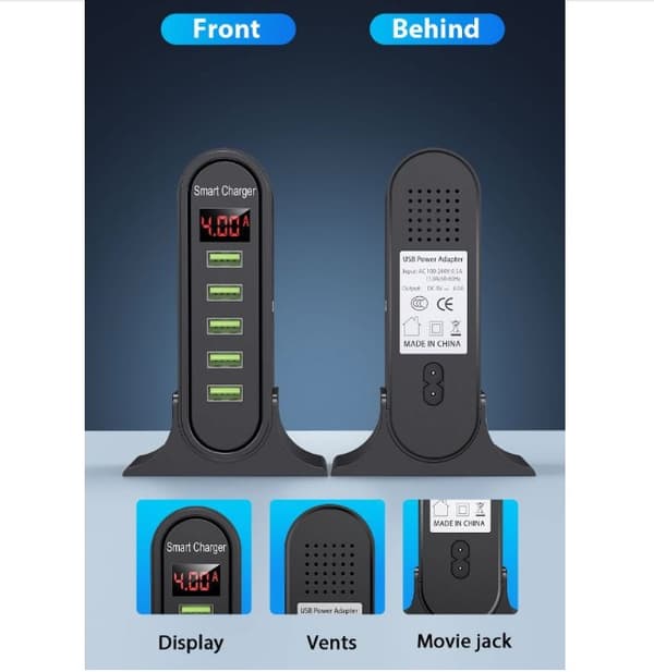 USB 5V4A Smart Desktop LED Digital Display Hurtigoplader, US Standard, Sort