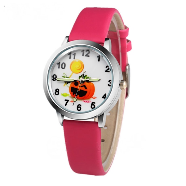 Barnklocka Mode Pumpa Halloween Cartoon Pojkar Kvartsklocka Casual Läder Flickor Analog Klocka, Luminous Pointer Watch(ros röd)