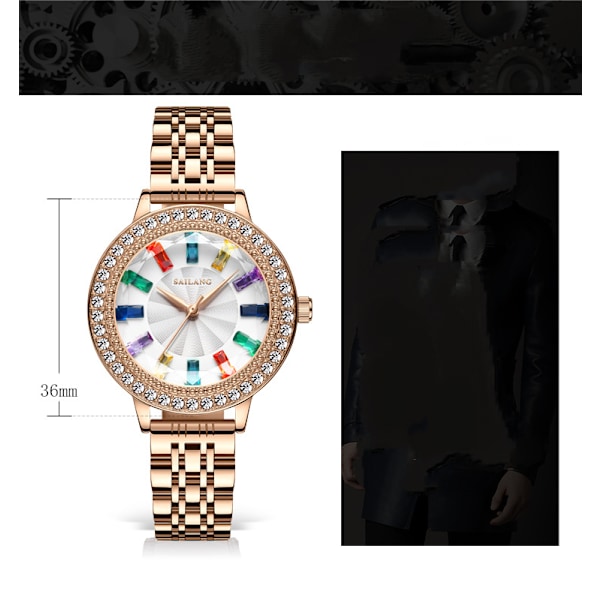 Damklocka med diamanter, automatisk, roséguld, rostfritt stål, safir, vattentät (GP7003)