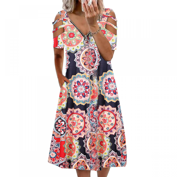 Sommar print för kvinnor med kors V-ringad klänning Bohemian Flowy Långa Maxiklänningar, blå rosa (3XL)