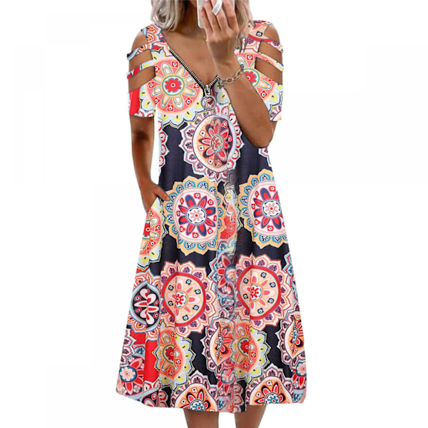 Sommarblommigt print för kvinnor med kors V-ringad klänning Bohemian Flowy Långa Maxiklänningar, Blå Rosa (4XL)