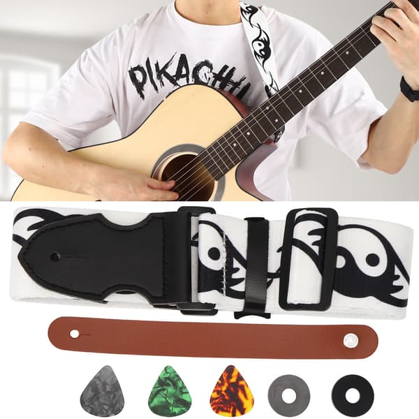 Gitarrrem med 3 plektrum i celluloid, 2 halkfria dynor och 1 gitarrhuvudband (Tai Chi)