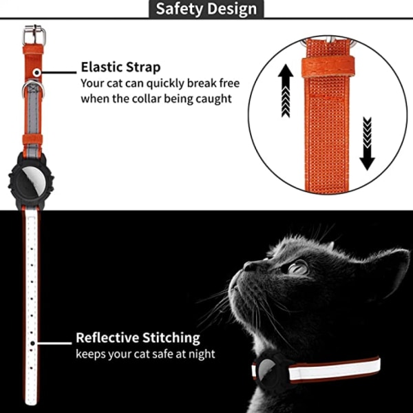 Reflekterande AirTag katthalsband, GPS-katthalsband i läder med AirTag hållare och klocka [Orange], Tracker-katthalsband för pojkekatter