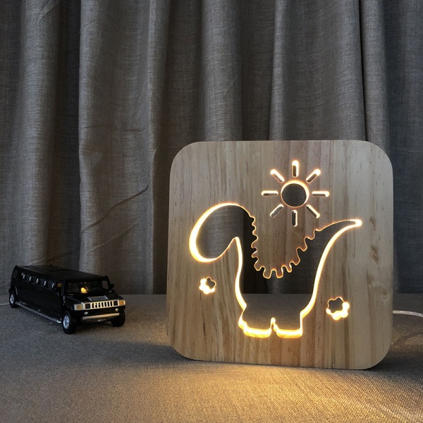Dinosaur nattlampa för barn Trä 3D-lampa Kreativa trälampor Enkla dekorativa lampor 3D träsniderimönster LED-nattlampa för skrivbord