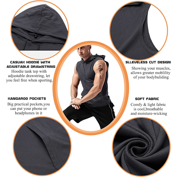 AVEKI  Mäns Workout Hooded Tank Tops Sleeveless Gym Hoodies Bodybuilding Muscle Sleeveless T-Shirts, Deep Grey, XXL