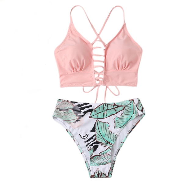Bikinibadkläder för damer Blommönster Print Flerfärgad snörning Tvådelad baddräkt för tropiska semester, sommar (rosa) L