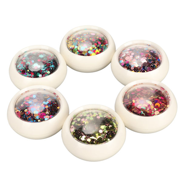 6 lådor nagelkonst glitter paljetter färgglada runda nagelglitter paljetter för DIY nagelkonst dekoration