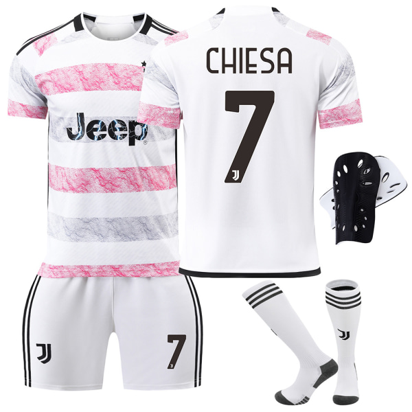 23/24 Juventus bortatröja - set för barn med strumpor och skyddsutrustning No.7 CHIESA Children's size16