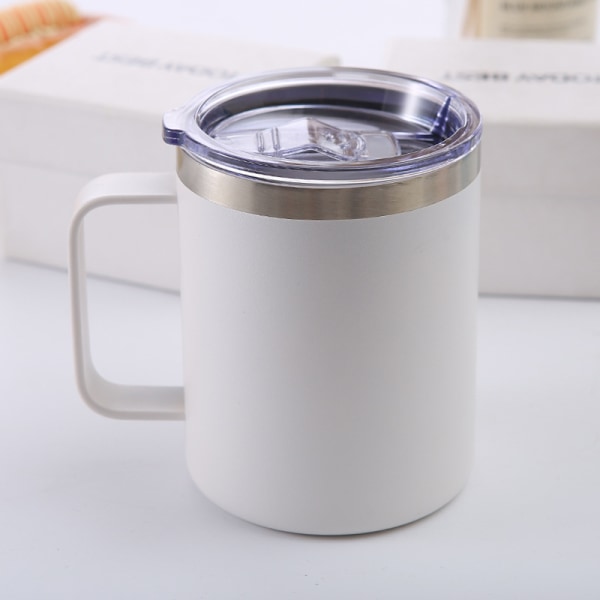 12oz kaffekrus med håndtag og skydelåg, rustfrit stål rejsekrus med håndtag, dobbelt væg vakuumisoleret campingkrus (hvid)