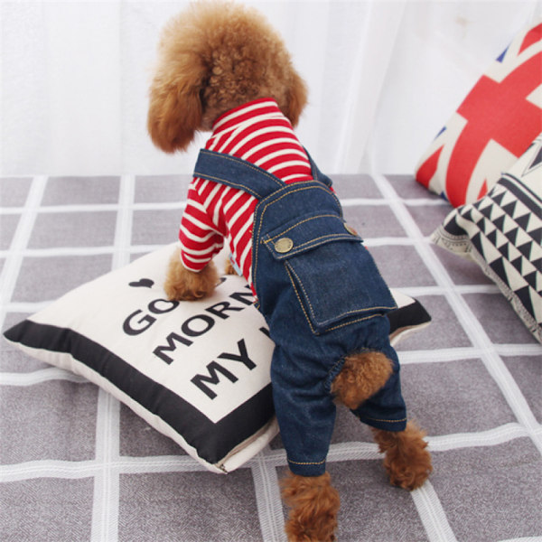 Hvalp Pet Tøj Teddy Bear Lille Hund Hvalpe Tøj Forår Og Efterår Fire-Legged Stribet Denim Overalls(rød,S)