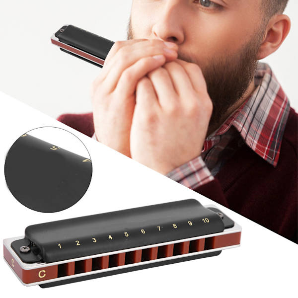 Høykvalitets Blues Harmonica 10 Hull Harmonica Musikk Instrument I Nøkkelen C (Svart)