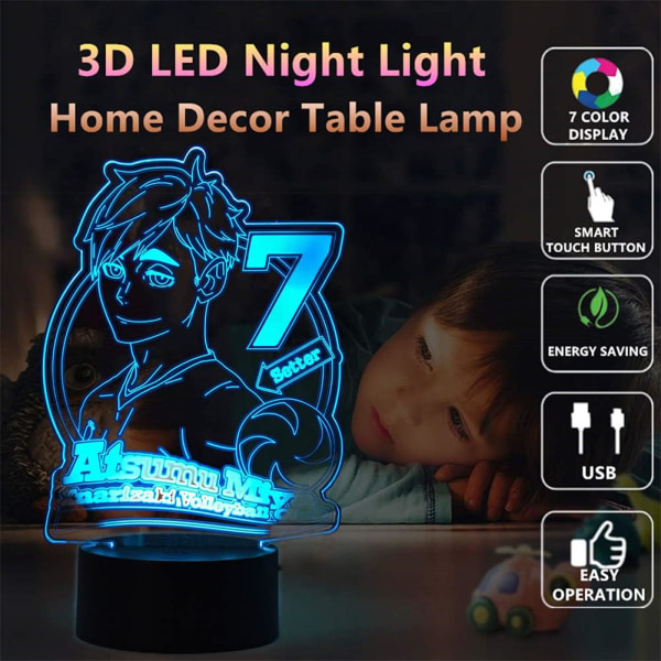 WJ Anime Modell Miya Atsumu 3D Illusjonslys LED Nattlys Hjemmedekorasjon Belysning USB Barn Soverom Dekorasjon Lys