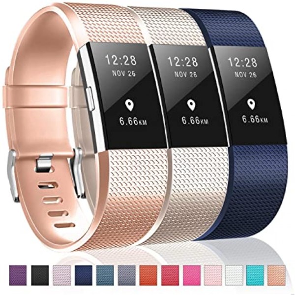 3-pack band kompatibla med Fitbit Charge 2, Classic & Special Edition ersättningsband för Fitbit Charge 2, kvinnor män（Rose Golden/Champine/Blue-L）