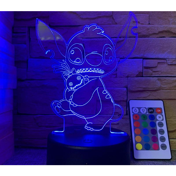 3D Stitch Kreativ Gave Fjernbetjening Touch Farverig USB Skrivebordslampe Stitch 1 USB Sort Touch Fjernbetjening 16 Farver