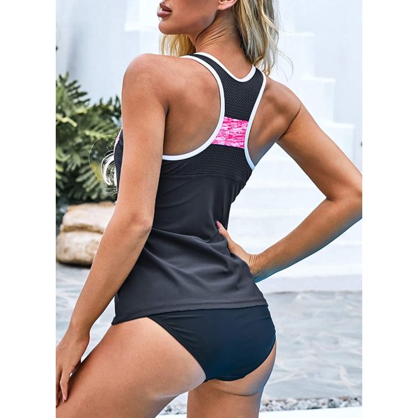 Damdragkedja fram Colorblock Print Racer Back Tankini-topp med bikinibotten Baddräkt för Casual Beach, Vattensporter (Rosa) XL