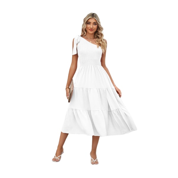 Women's Floral Summer Dress 2023 Knot One Shoulder Sleeveless Ruffle Hem Flowy Boho Maxi Dresses(White S)