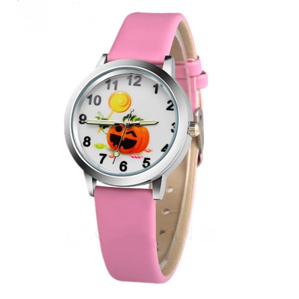 Watch Mode Pumpa Halloween Tecknad Pojkar Quartz Clock Casual Läder Flickor Analog Watch, Luminous Pointer Watch(rosa)