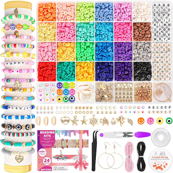 5800 PCS Lera Pärlor Armband Tillverkningssats, 24 Färger Platta Preppy Pärlor för Vänskap Smycken Tillverkning, Polymer Heishi Pärlor med Berlocker Parent Multicolor