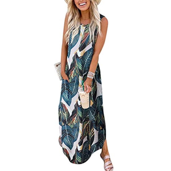 Kvinnors casual solklänning lång klänning ärmlös splittad maxiklänning Sommar strandklänning med fickor ----- Mörkgrön （Storlek XL）