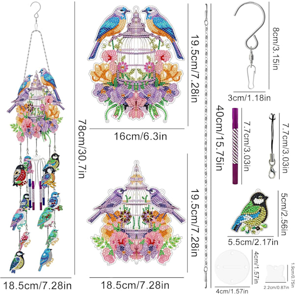 Diamantmålning Vindspel, Solfångare Konst Vindspel Kit Dubbelsidig 5D Fjäril och Kolibri Hängande Ornament för Vuxna Hummingbird A