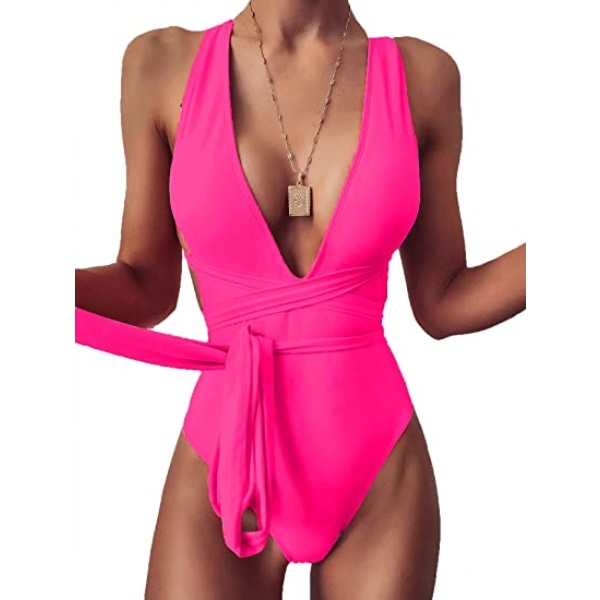 Sexig Tie Criss Cross Plunge One Piece Thong Baddräkt High Cut Brasiliansk Baddräkt, Hot Pink, M