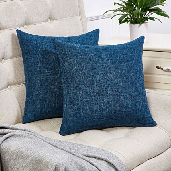 Set med 2 mörkblå kuddfodral Rustikt linne dekorativt fyrkantigt kuddfodral 18x18 tum för soffa soffdekoration