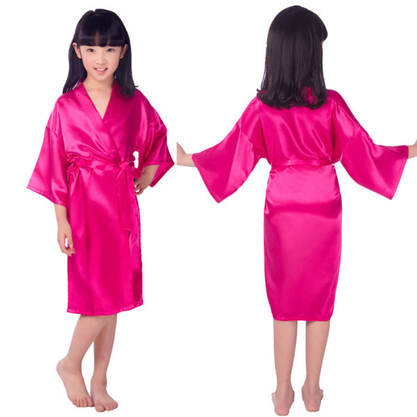Barnens sidenfläck ren kimono bröllopsklänning morgonrock kimono morgonrockar nattkläder ------ Rosröd（Storlek 14）