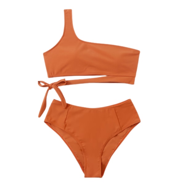 Dam One Shoulder Hög Midja Bikini Spets Upp Hög Skuren Tvådelad Baddräkt för Semester, Simning, Pool (orange) M