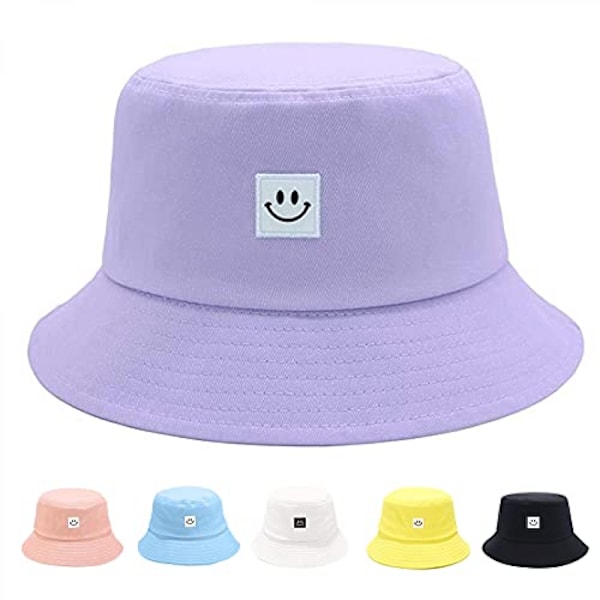 Solhatt for barn med smilende ansikt, bøttehatt for jenter og gutter, sommer solbeskyttelse bomull unisex strandlue --- lilla