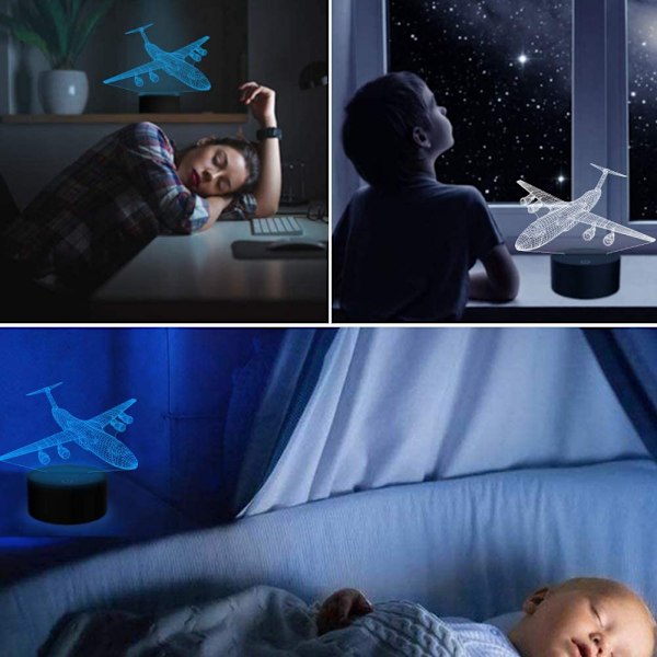 Flygplan Nattlampa 3D Flygplan Illusion Lampa 7 Färgförändrande Touch Control med USB-kabel LED Fighter Leksak Bordslampa Dekorationslampor för Män Pojkar Barn
