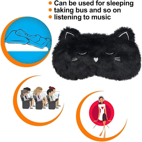 Söt Sovmask, Svart Katt Mjuk Plysch Fluffig Sovmask Rolig Cartoon Kattungar Ögonbindel Nyhet Ögonlock Skugga för Barn