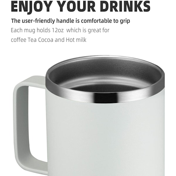 12oz Kaffeemugg Med Handtag Och Glidande Lock, Rostfritt Stål Resmugg Med Handtag, Dubbelvägg Vakuumisolerad Campingmugg (Vit)