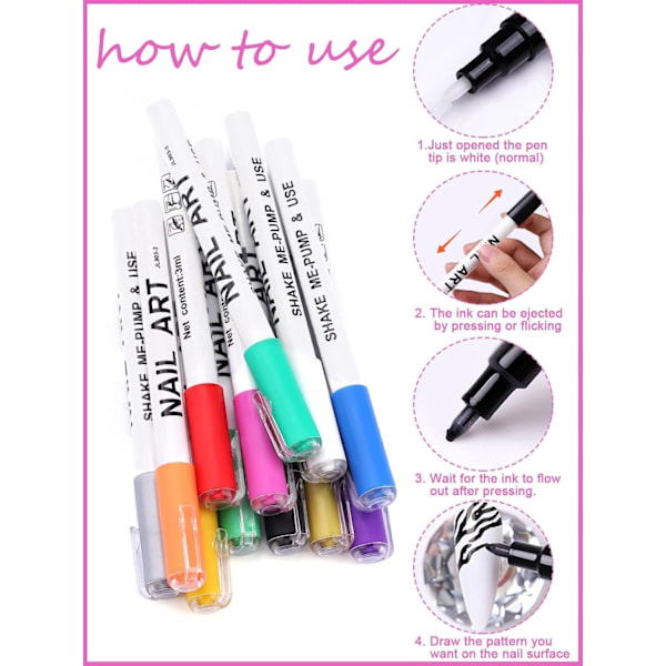 12 Färger 3D Nagelkonst Pennor Set, Kalolary Nagel Pennor Nagel Punkt Graffiti Prick Penna Ritning Målning Liner Borste för DIY Nagelkonst A