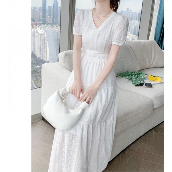 Kvinnors spets blommig lång klänning kortärmad bohemisk strandklänning Vit lång maxiklänning (vit L)