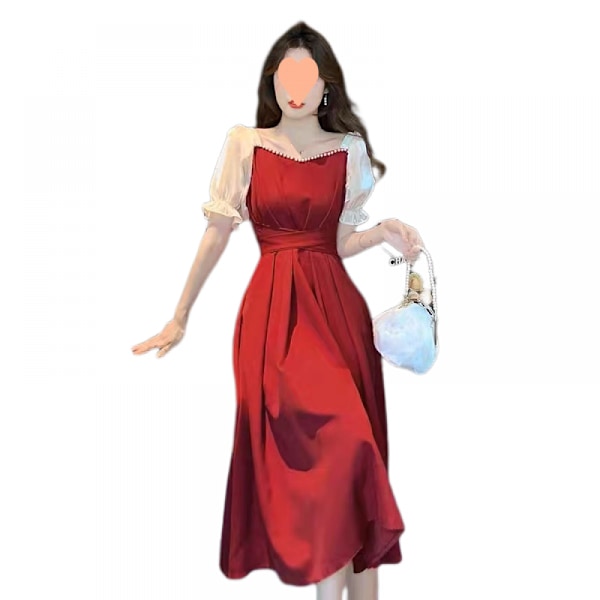 Kvinders Casual Sommer Midi Kjole Puffy Kort Ærme Firkantet Hals Smocked Lagdelt Ruffle Kjoler(Rød L)