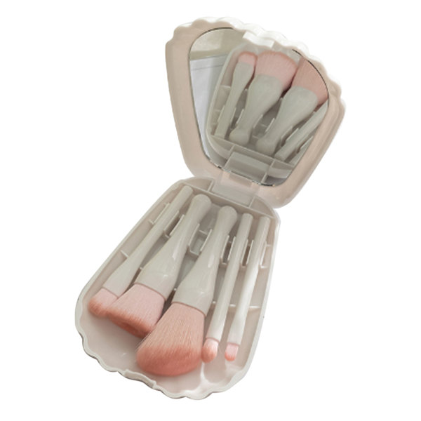 Shell Portable Travel Makeup Brush Set 5 Sizes Brush Mini Complete Function Cosmetic Brushes with Mirror Set White