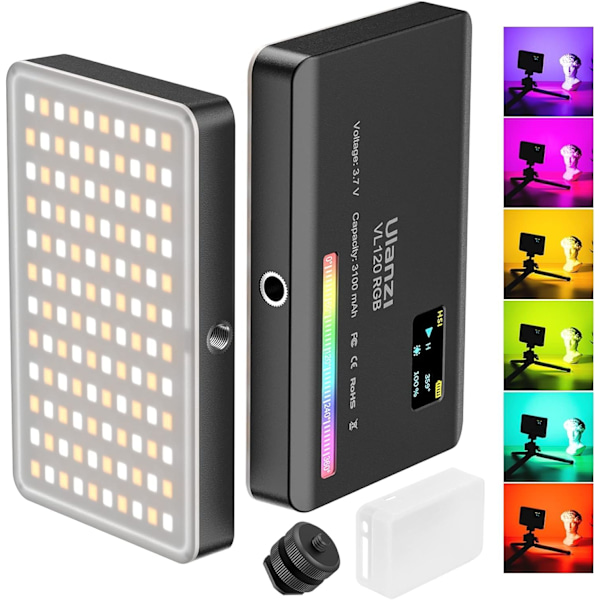 Videolampa, LED-videolampor i fickformat för kamera, Inbyggt 3100mAh uppladdningsbart batteri, 360 fullfärg 20 ljuseffekter, CRI≥95 2500-