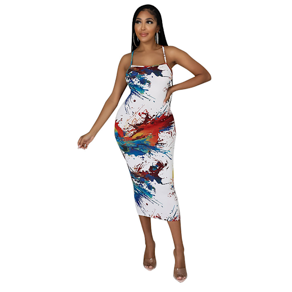 Kvinnors Sommar Spaghetti Rem Sexy Ärmlös Rygglös Bodycon Festklänning Cocktailklänning (Vit XXL)