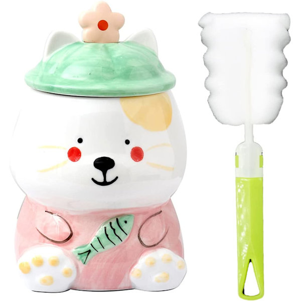 Kattmugg med sked Barn 3D mugg Katt Fiske Mjölk Kopp Keramik Kaffe Kopp Fest Födelsedagspresent Hem (kattfiske, rosa, 450 ml)