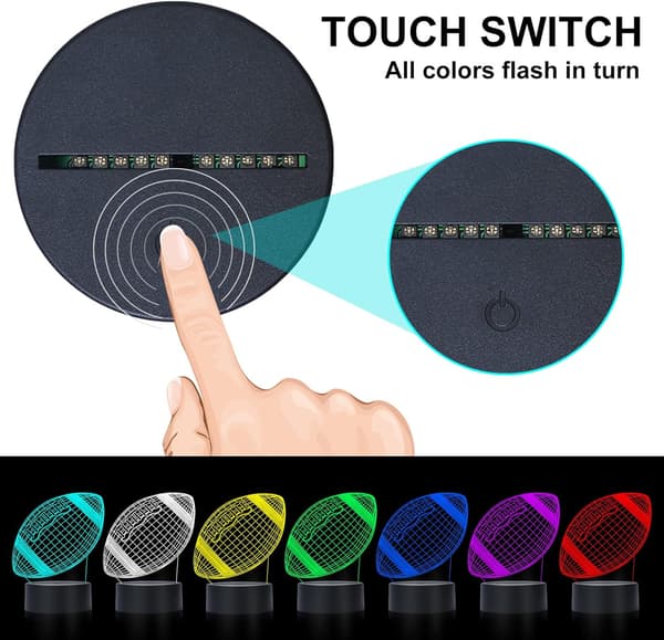 Fodbold 3D Lampe Optisk Illusion Natlys - 7 Farver Touch Switch Auto Gradient Natlys, Akryl og ABS Base USB Kabel Dekorere Værelse