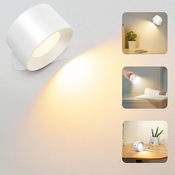 Væglampe, Touch Control Væglampe, 3 Lysstyrkeniveauer & 3 Farver Vægmonteret 360° Rotation LED Væglampe, Indendørs Billedlampe Læselampe white