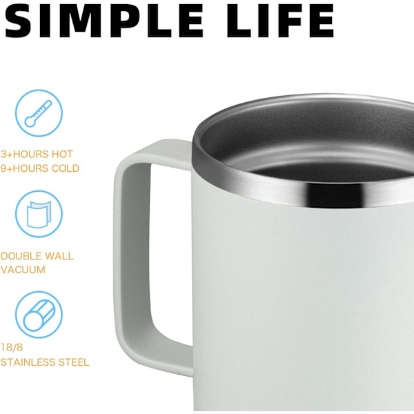 12oz Kaffeemugg Med Handtag Och Glidande Lock, Rostfritt Stål Resmugg Med Handtag, Dubbelvägg Vakuumisolerad Campingmugg (Vit)